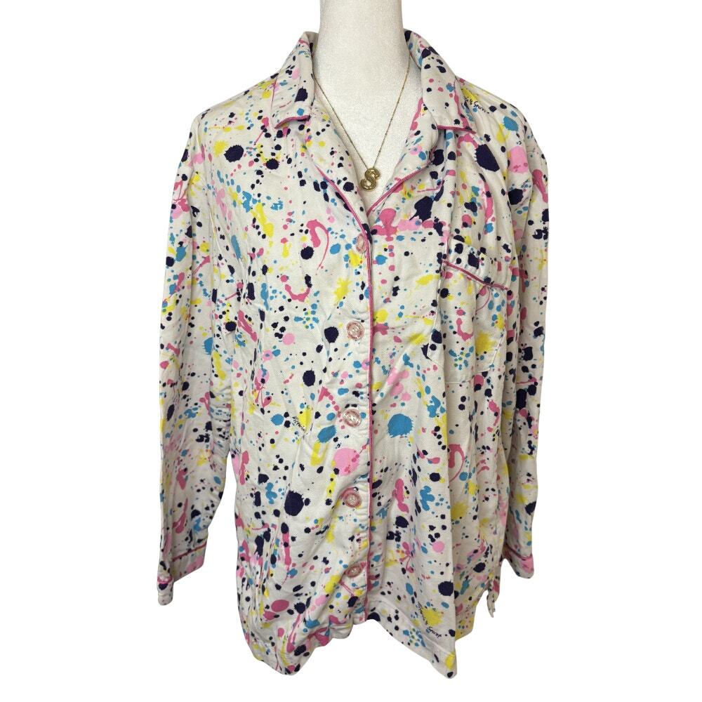 Victoria's Secret Flannel Paint Splatter Button Down Sleep Shirt White Size M